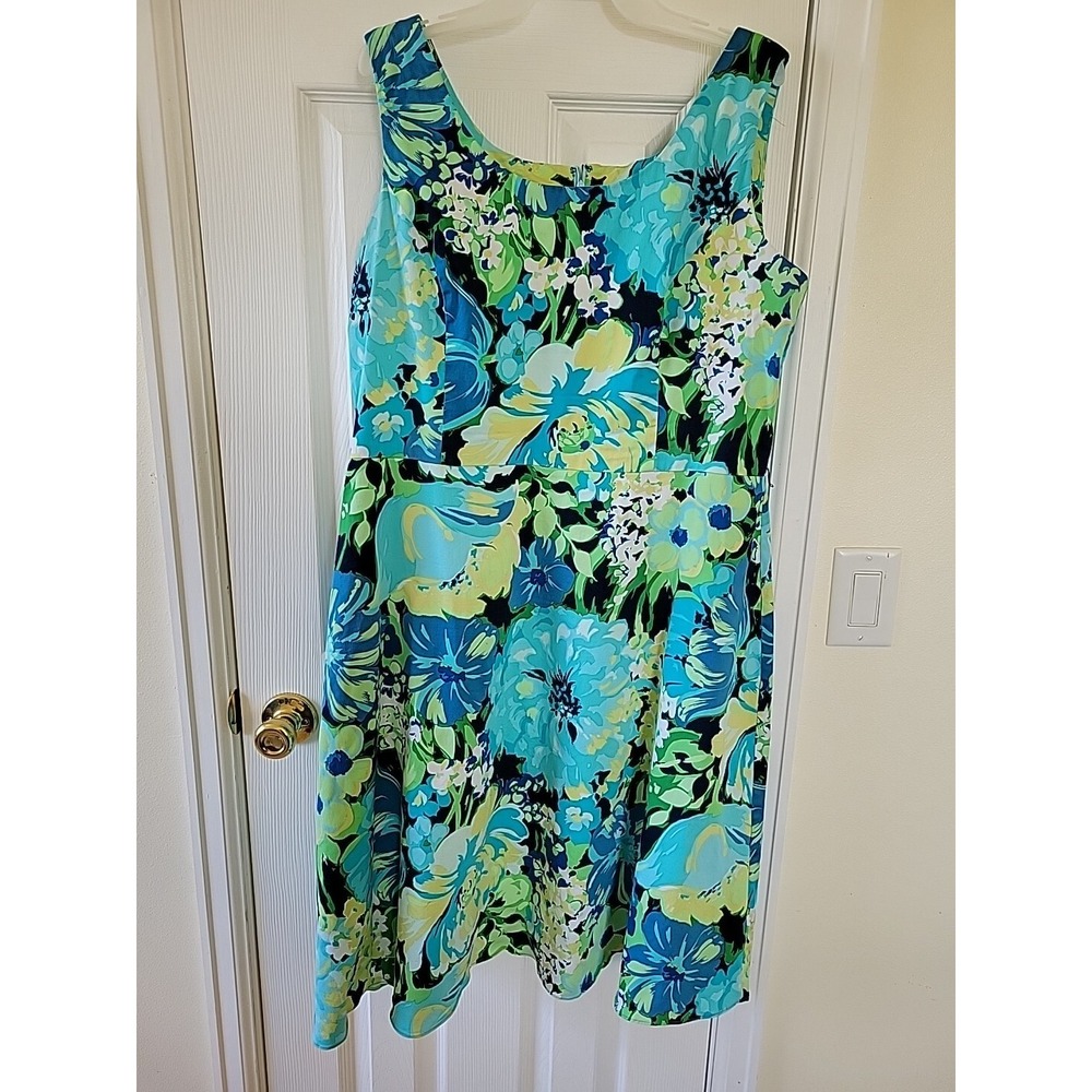 Studio I Dress Size 18 Blue Floral Scoop Neck Cotton Sleeveless‎ Zip